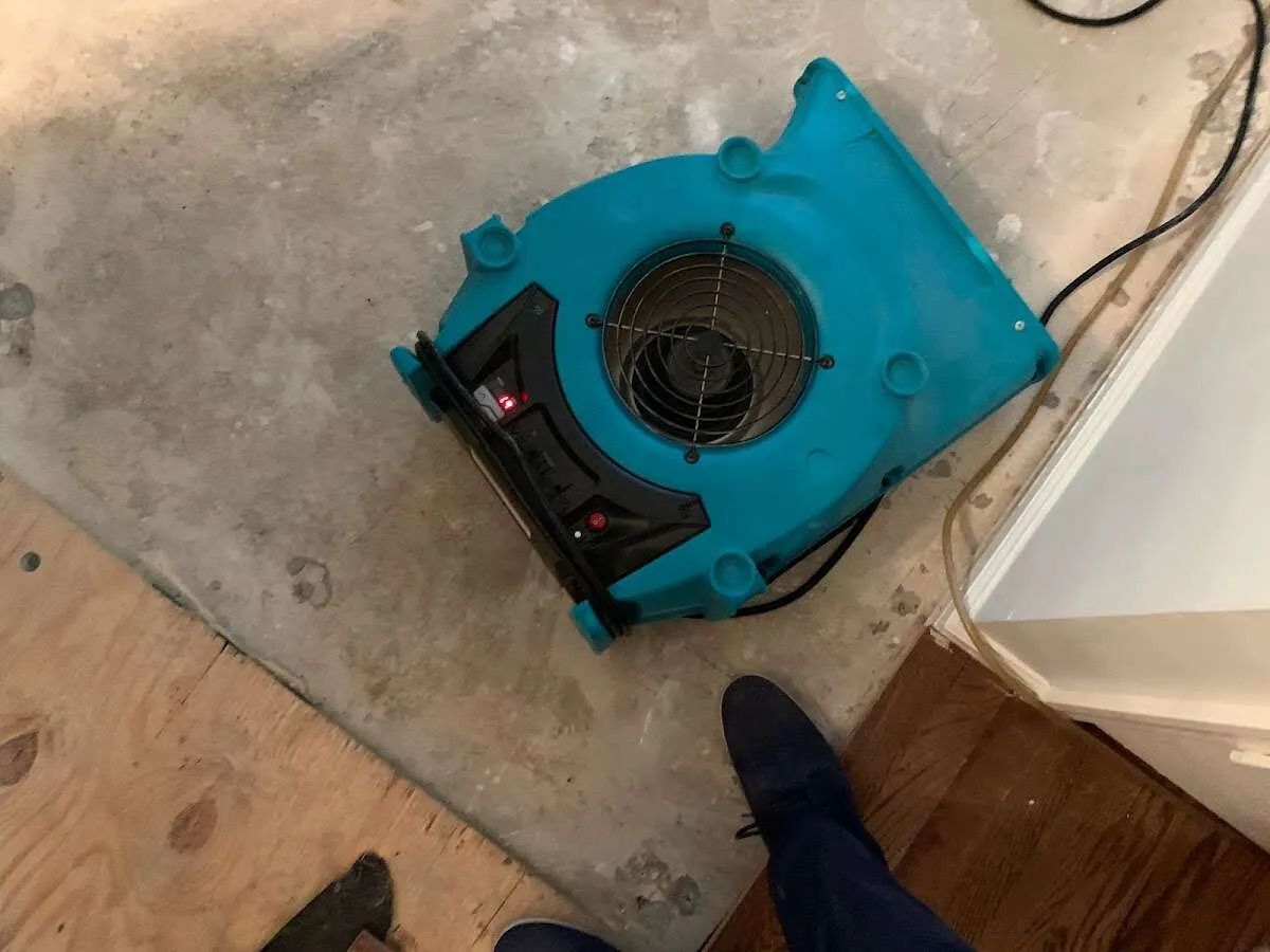 Air mover drying subfloor during Commercial Water Damage Restoration in Richmond